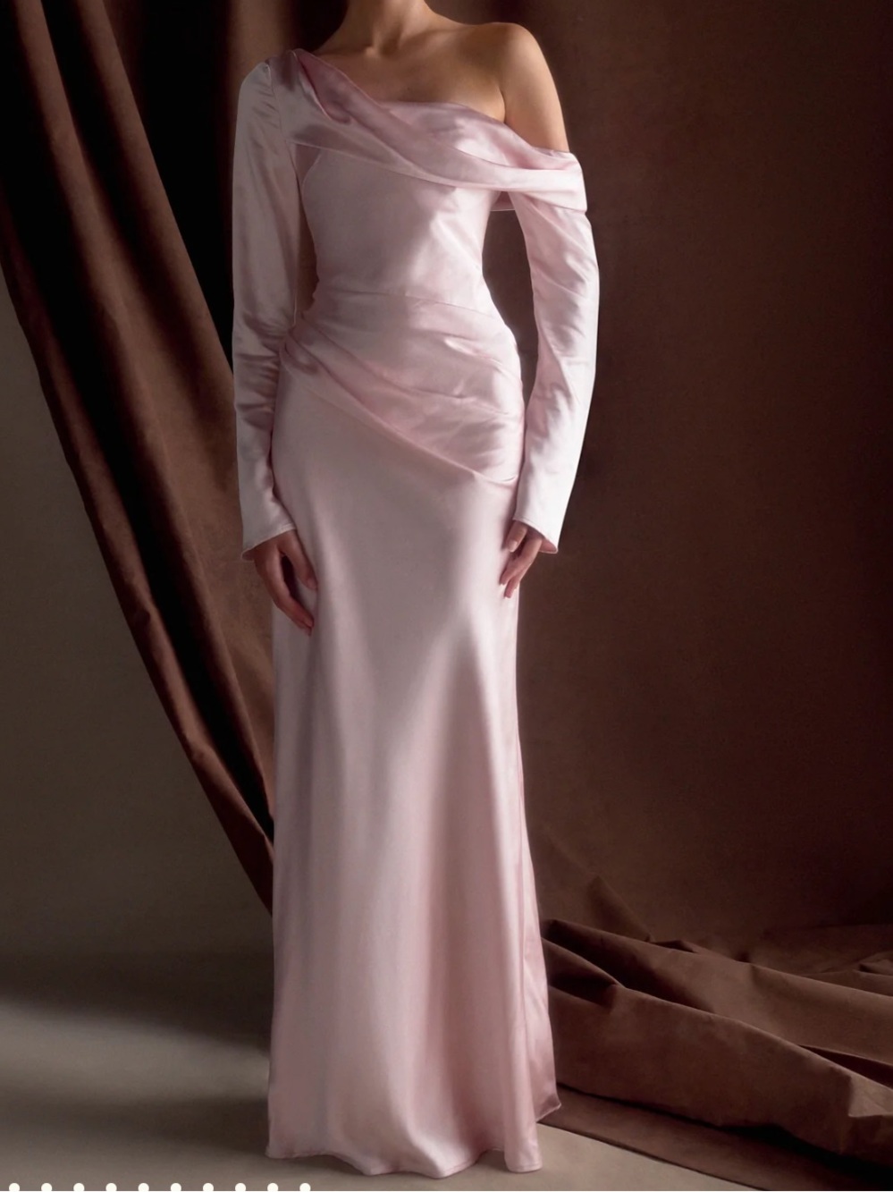 Meshki Iris Soft Pink Satin One-Shoulder Maxi Dress gown